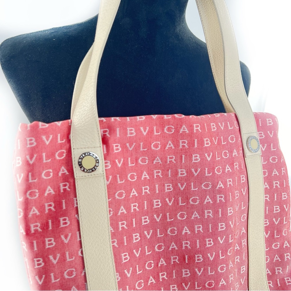 Bvlgari Agatha Jacquard Fabric/Leather Shopping Tote Medium Salmon/Cream w/Pouch - Picture 9 of 17